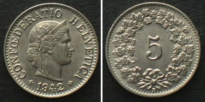 1942 SWITZERLAND 5 Rappen 1942 Cu-Ni UNC!