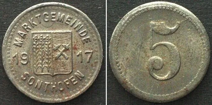 1917 Germany SONTHOFEN (Bavaria) 5 Pfennig 1917 NOTGELD iron UNC-! RARE! UNC-