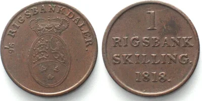 1818 DENMARK 1 Rigsbankskilling 1818, FREDERIK VI, copper AU!