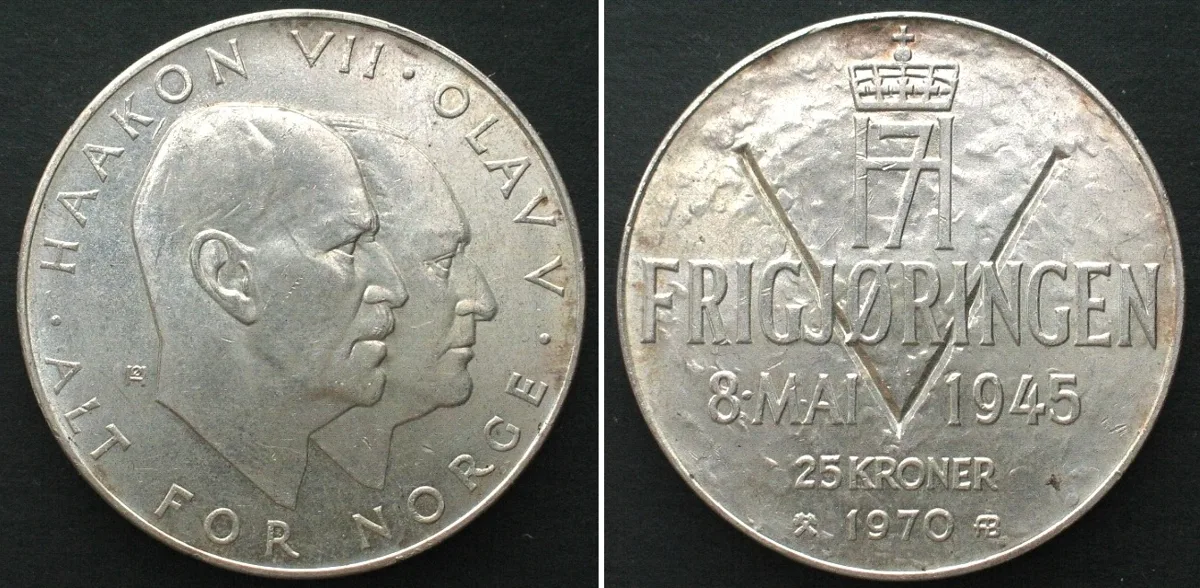 1970 NORWAY 25 Kroner 1970, 25TH ANN. OF LIBERATION, silver UNC