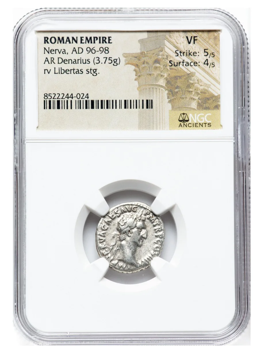 ROMAN IMPERIAL. Nerva (AD 96-98). AR Denarius (18mm, 3.75 gm, 6h). NGC VF 5/5 - 4/5.