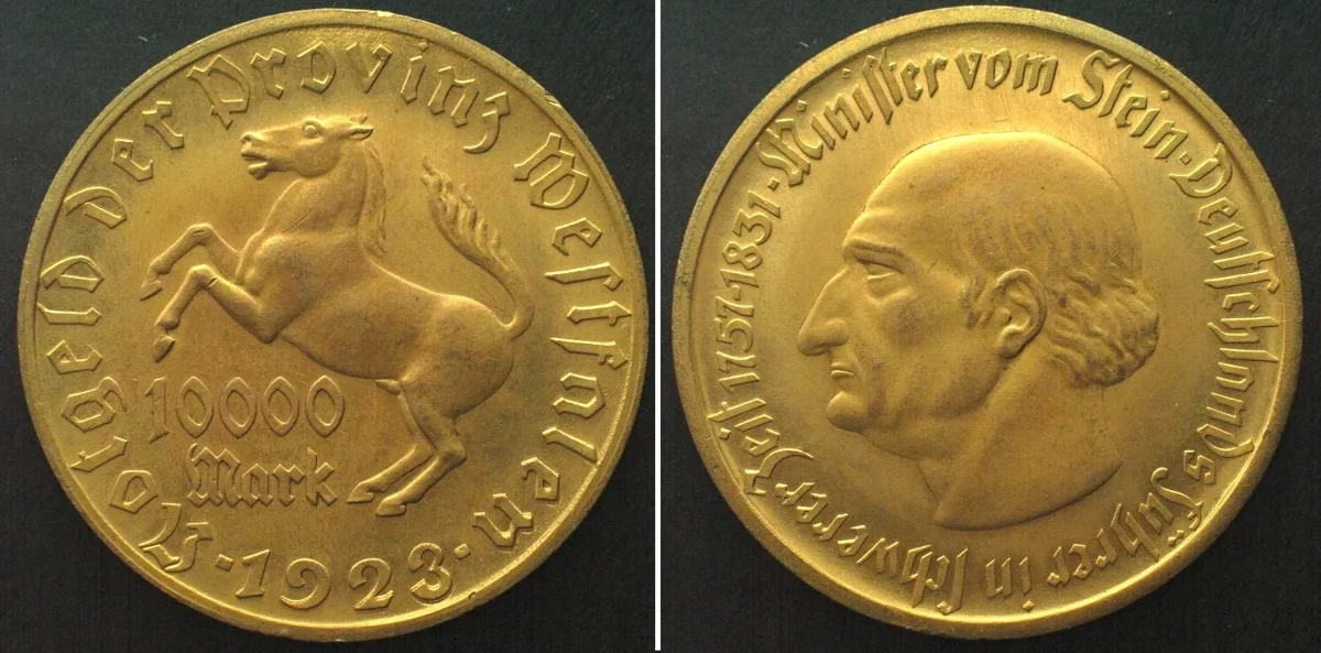 1923 Germany WESTPHALIA 10,000 Mark 1923 NOTGELD gilt tombac BU!
