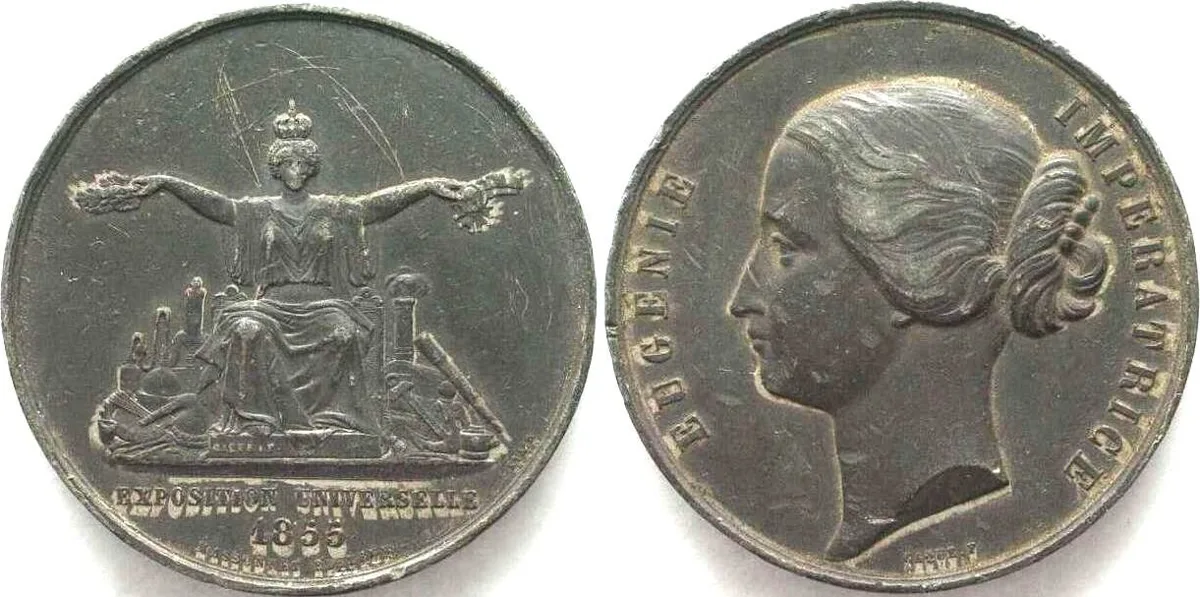 1855 EUGENE EMPRESS EXPO 1855 Medal by CAQUE white metal 50mm VF+