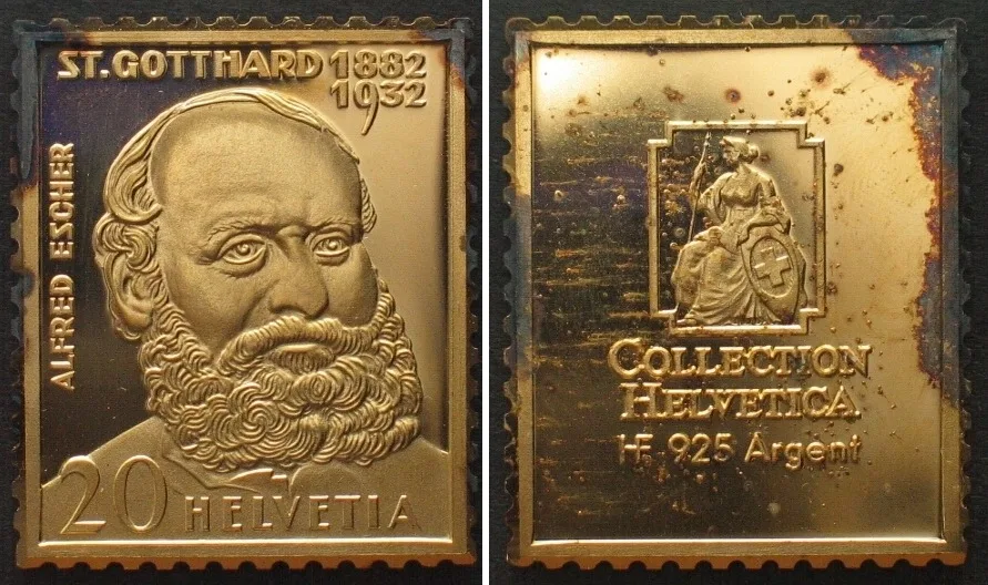 1985 COLLECTION HELVETICA, 50 J. Gotthardbahn, 30 Rp. Alfred Escher, silver ingot Proof