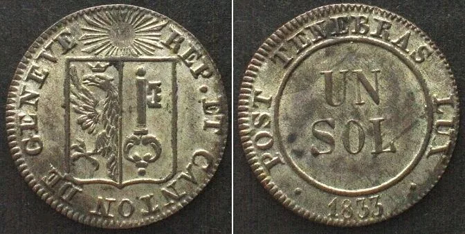 1833 Swiss Cantons GENEVA Sol 1833 billon UNC!!!