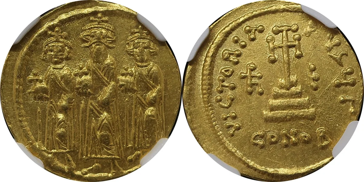 Solidus 632-641 AD Heraclius, Heraclius Constantine & Heraclonas Ch AU 5 / 5-3 / 5