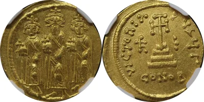 Solidus 632-641 AD Heraclius, Heraclius Constantine & Heraclonas Ch AU 5 / 5-3 / 5