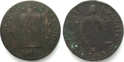 1793 FRANCE 2 Sols 1793 BB, Strasbourg mint, bronze VF