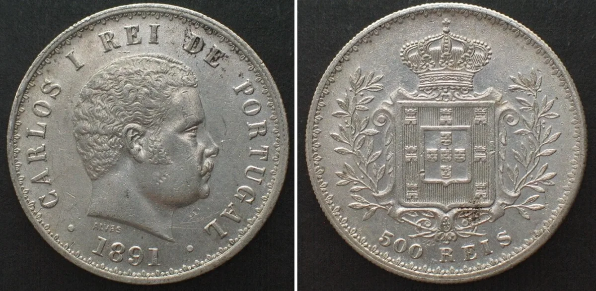 1891 PORTUGAL 500 Reis 1891 CARLOS I silver UNC-!