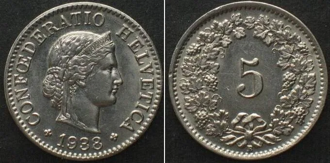 1938 SWITZERLAND 5 Rappen 1938 nickel UNC!!!