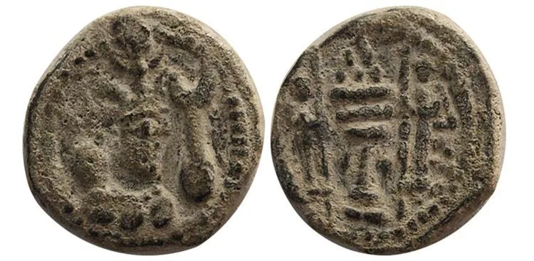 SASANIAN KINGS, Yazdgird II. 438-457 AD. Æ. Well struck on a nice broad flan. Nice original find patina. Rare.