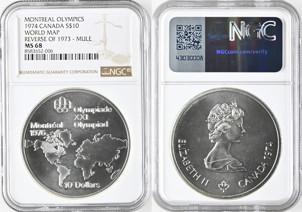 S$10 1974 CANADA - MULE ERROR 10 $ 1974 World map OLYMPICS MONTREAL silver NGC MS 68 NGC MS 68
