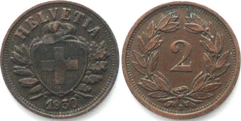 1930 SWITZERLAND 2 Rappen 1930 Bronze XF EF