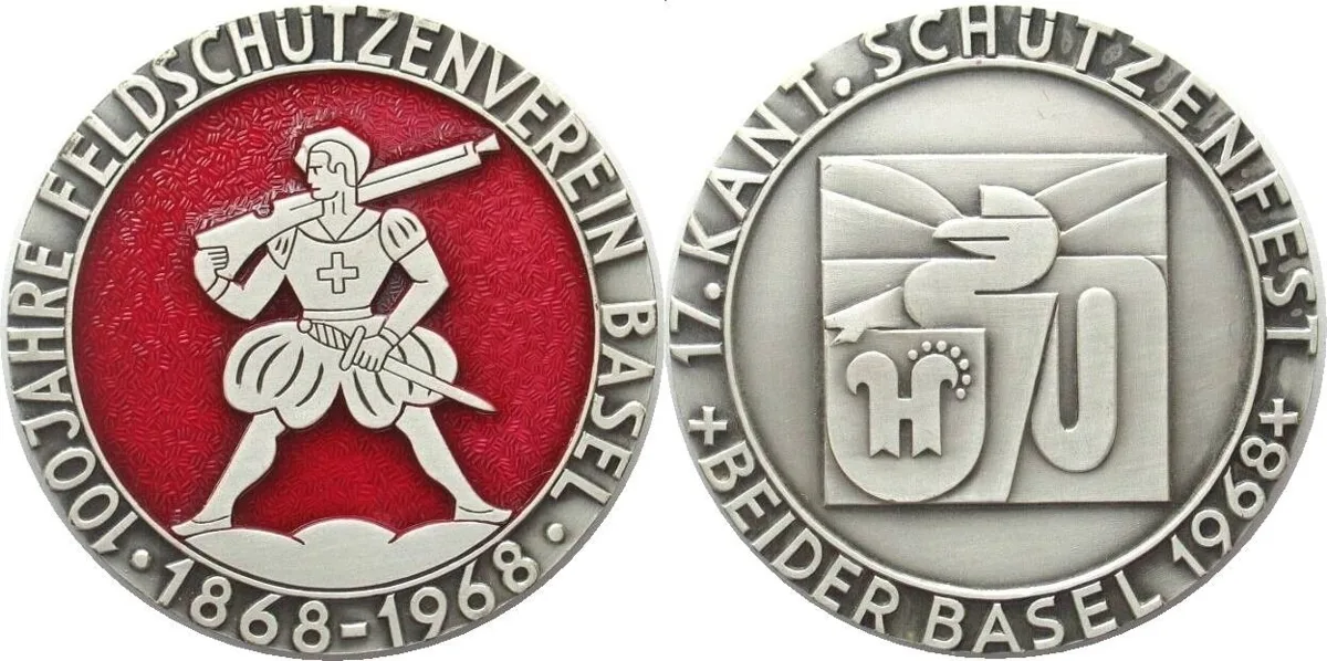 1968 BASEL 17TH CANT. SHOOTING Medal 1968 silvered bronze COLORED 50mm UNC