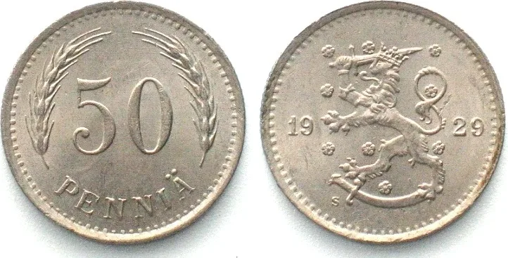 1929 FINLAND 50 Penniä 1929 Cu-Ni UNC!