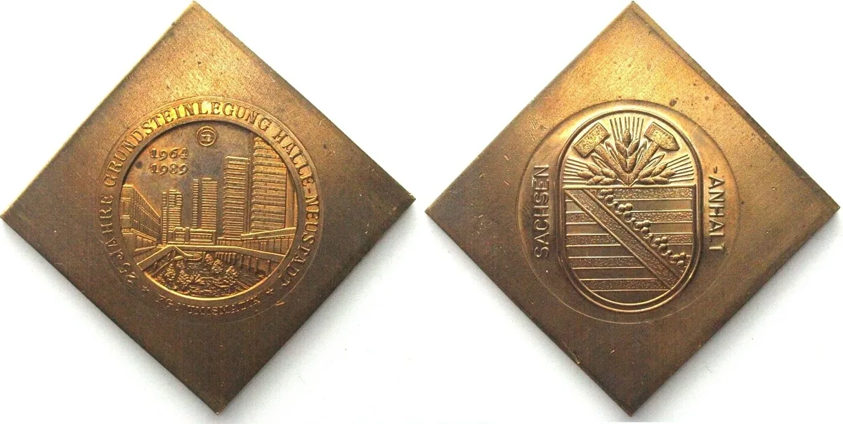1989 Germany GDR - Trial Klippe 1989, 25th Ann. of Founding of Halle-Neustadt 51x52mm UNC