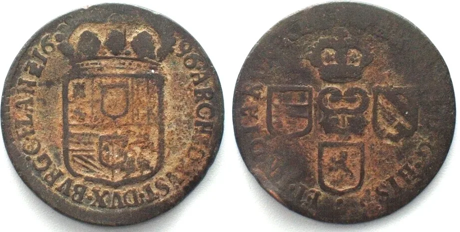 1696 SPANISH NL - FLANDERS Liard 1696 Bruges, CHARLES II, copper aVF VF-