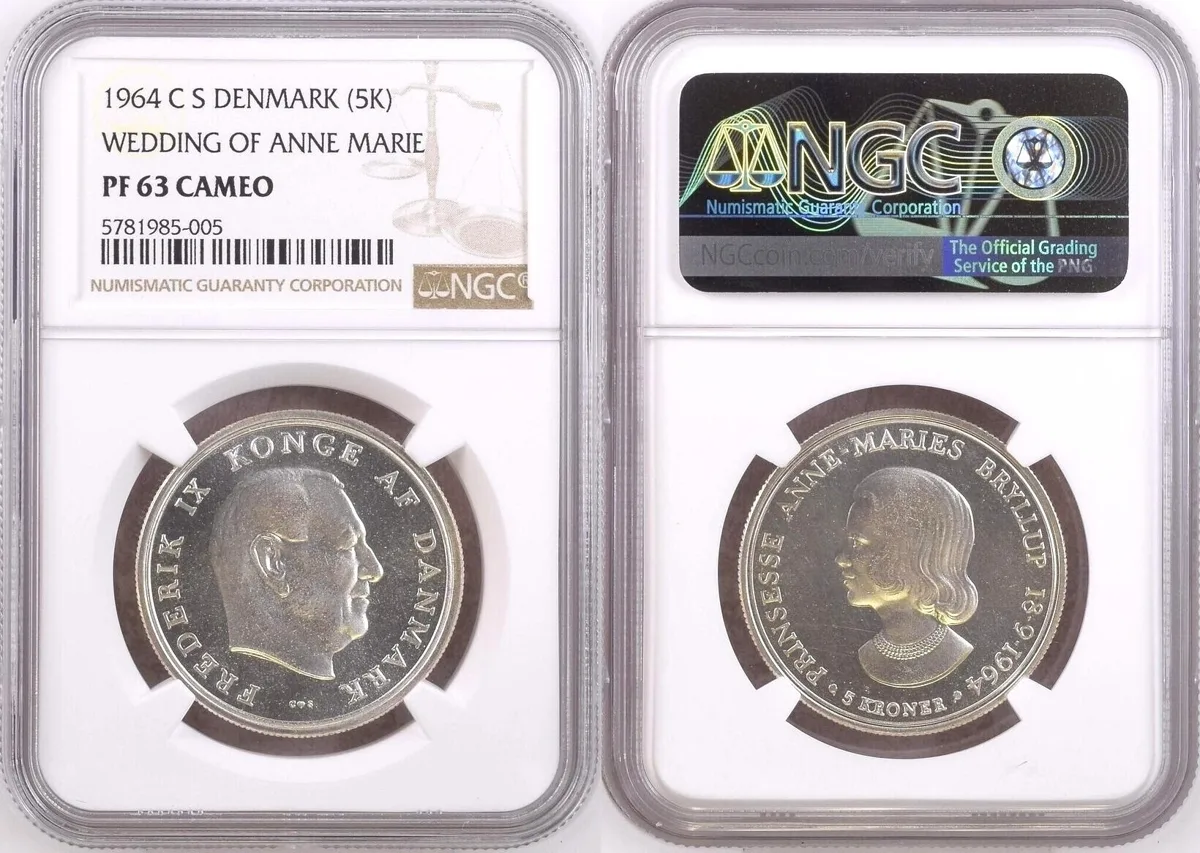 (5K) 1964 C S DENMARK 5 Kroner 1964 WEDDING of PRINCESS ANNE-MARI silver Proof NGC PF 63 CAMEO NGC PF 63 CAMEO