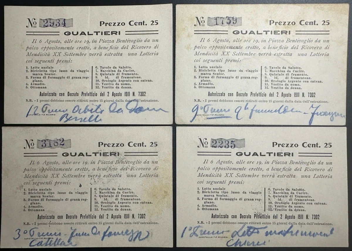 1911 Italy GUALTIERI (Emilia-Romagna) 4 x 25 centesimi 1911 Lottery tickets EF