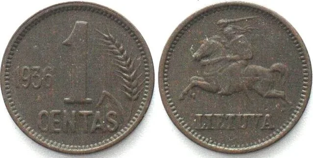 1936 LITHUANIA. 1 Centas 1936 bronze XF! EF