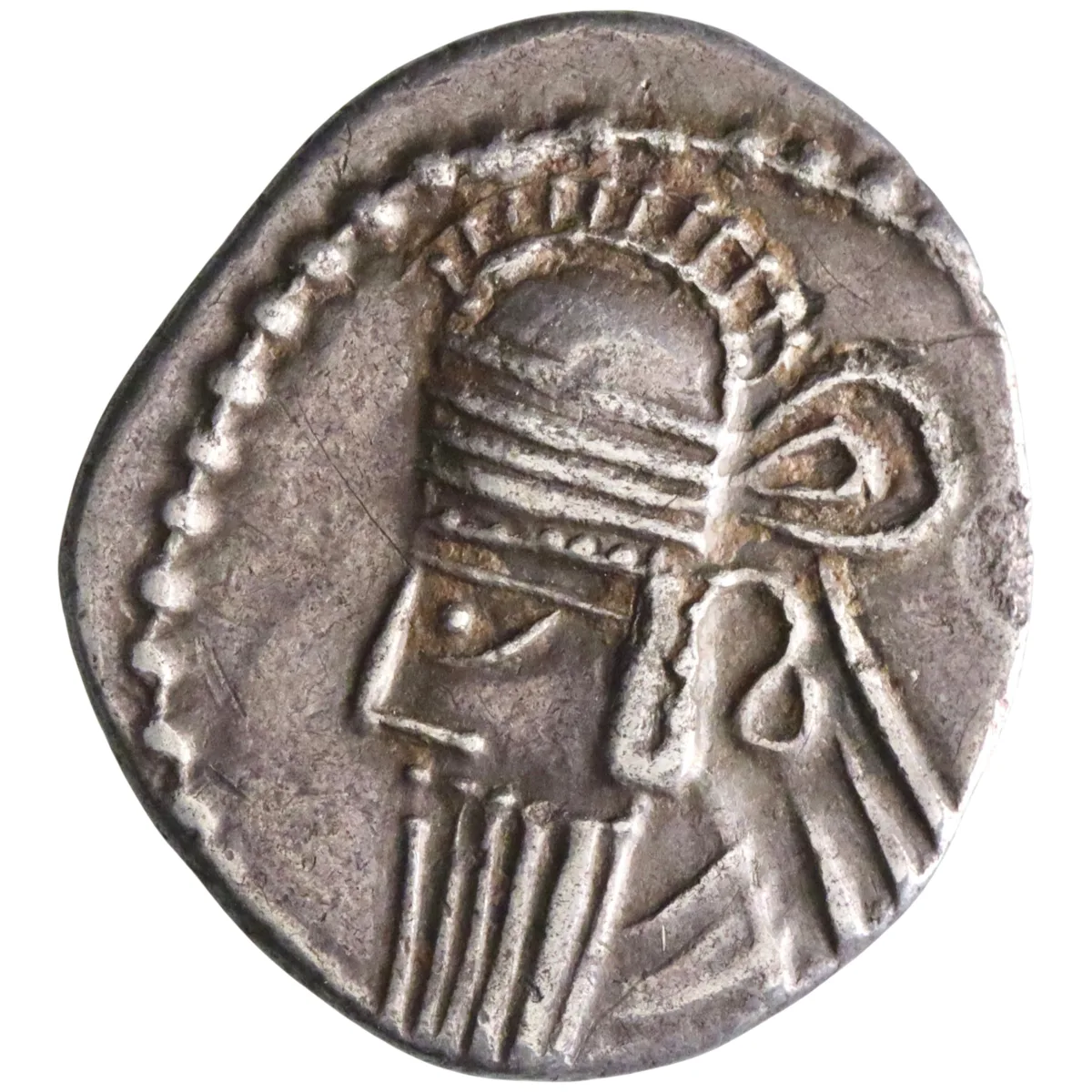 Parthian: Vologases IV (147-191), silver drachm (3.31g), Ecbatana mint, 147-191 CE. Diademed, bearded bust wearing tiara / Archer seated on throne.