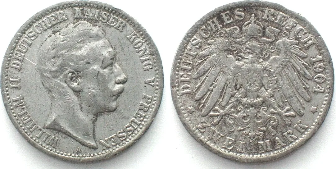 1904 German States PRUSSIA 2 Mark 1904 A, WILHELM II, Contemporary counterfeit, tin VF+