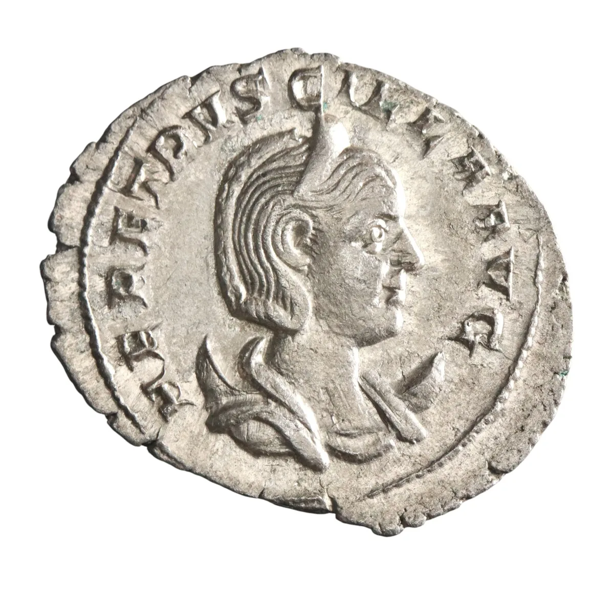 Roman: Herennia Etruscilla (249-251), silver antoninianus (4.08g), Rome mint, 249-251 CE. Diademed and draped bust on crescent / Pudicitia standing, holding sceptre and drawing veil from her face.