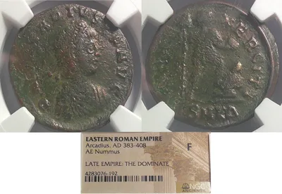 EASTERN ROMAN EMPIRE Arcadius AD 383-408, AE Nummus, NGC F