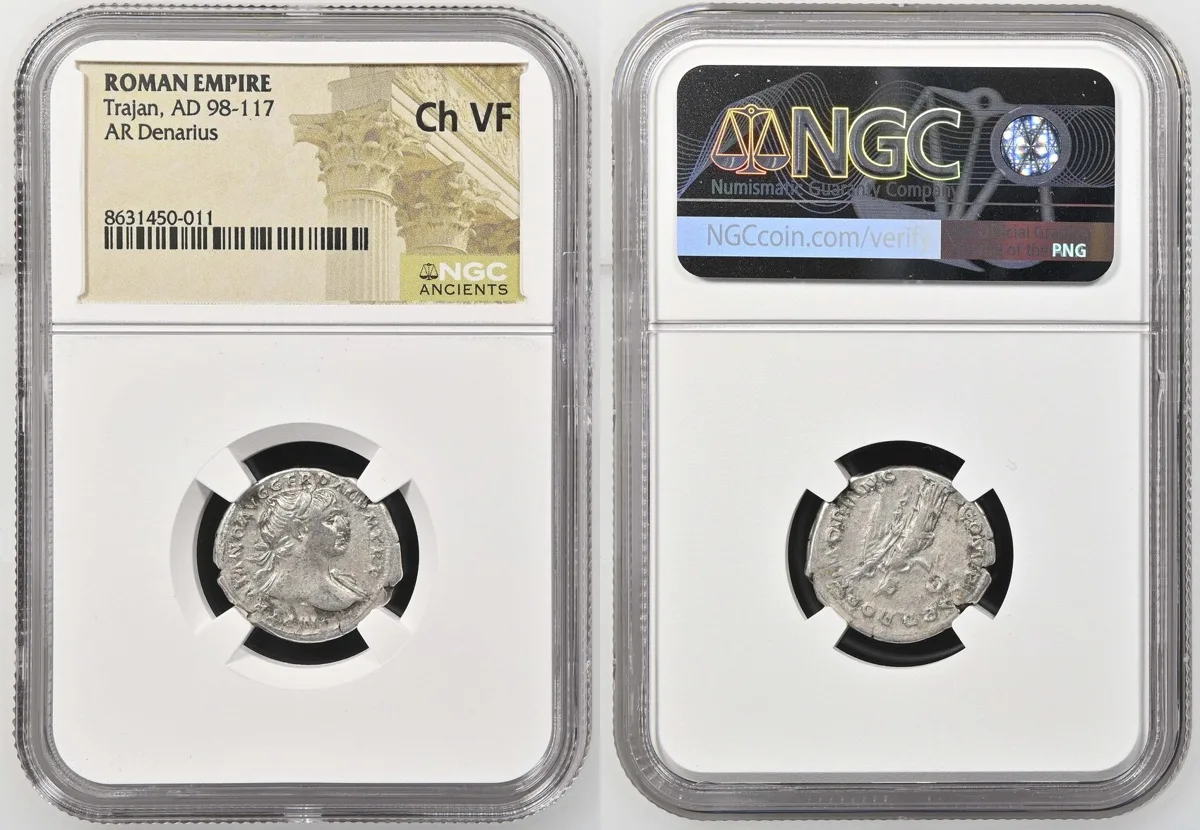 Denarius 98-117 AD Trajan Ch VF
