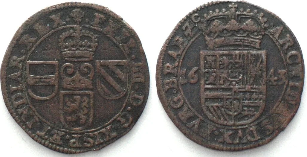 1643 SPANISH NL - BRABANT Liard 1643 Brussels PHILIP IV copper SCARCE! VF-XF VF-EF