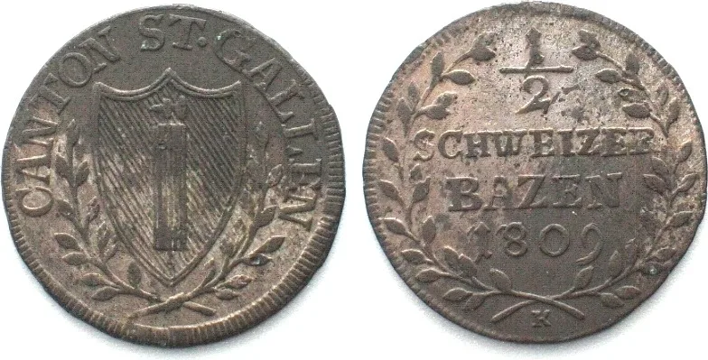 1809 Swiss Cantons SAINT GALL, Canton. 1/2 Batzen 1809, billon AU!