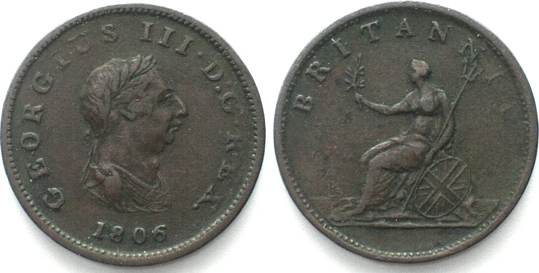 1806 GREAT BRITAIN Halfpenny 1806, GEORGE III, copper aXF EF-