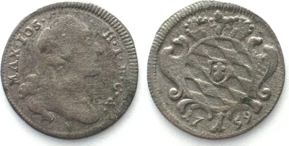 1759 Germany BAVARIA Kreuzer 1759, MAXIMILIAN III JOSEPH, silver VF+