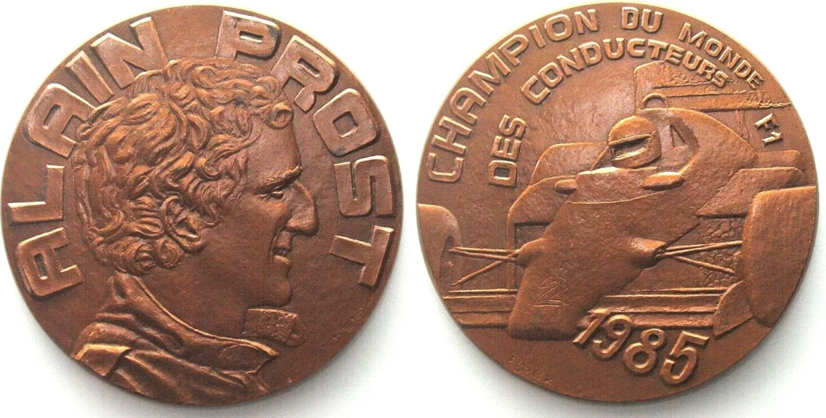 1985 ALAIN PROST F1 WORLD CHAMPION 1985, bronze, 73mm UNC