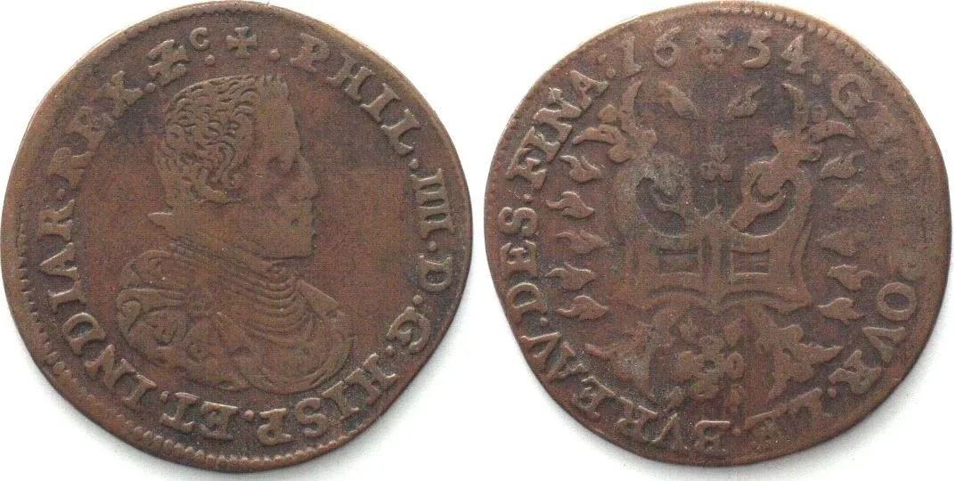 1654 SPANISH NL - BRUSSELS. Counter 1654, PHILIP IV, copper VF+