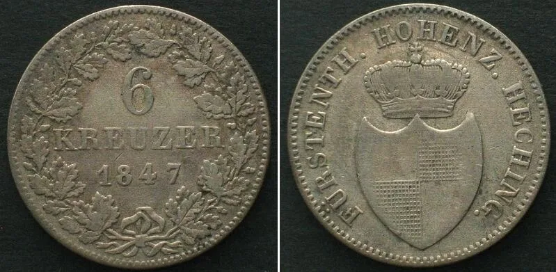 1847 HOHENZOLLERN-HECHINGEN 6 Kreuzer 1847 FRIEDRICH WILHELM KONSTANTIN billon VF+