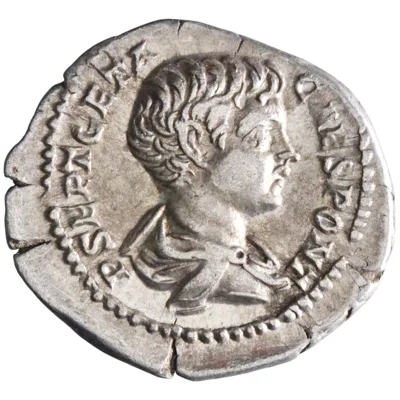 Roman: Geta, as Caesar (198-209), silver denarius (3.25g), Rome mint, early 209 CE. Geta standing left, holding branch and spear; trophy to right.