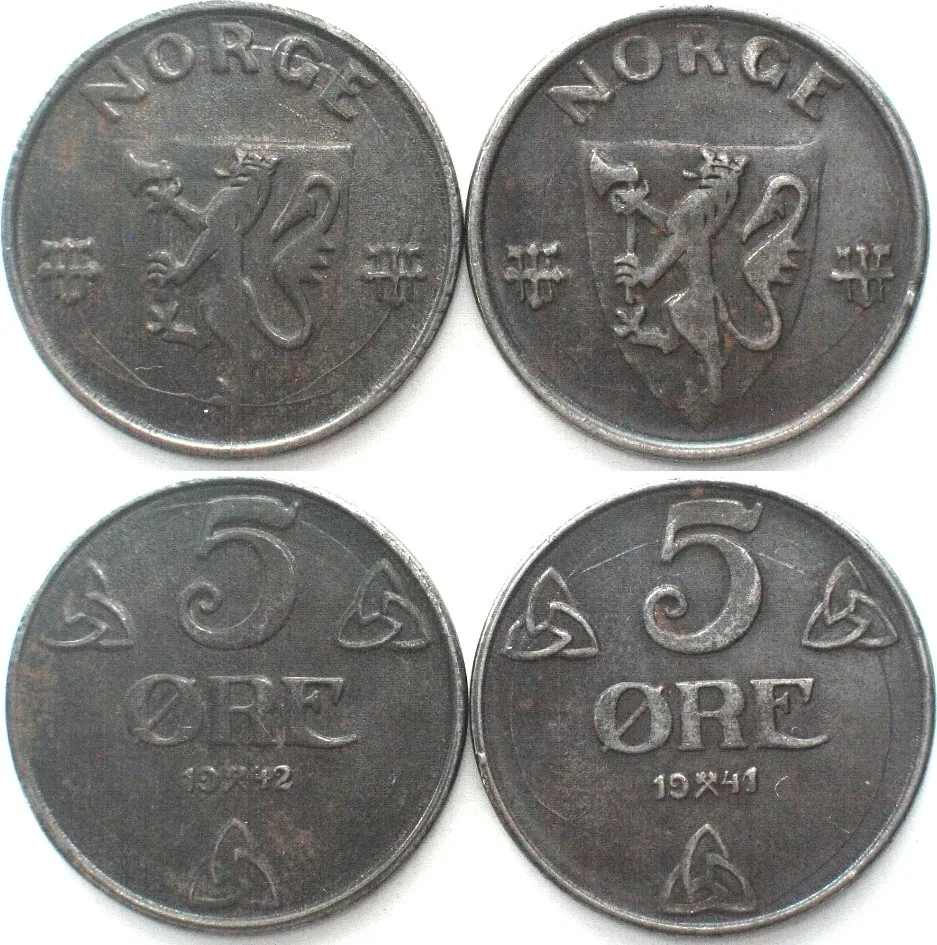 1941, 1942 NORWAY 5 Ore 1941 & 1942, WW II GERMAN OCCUPATION iron AU
