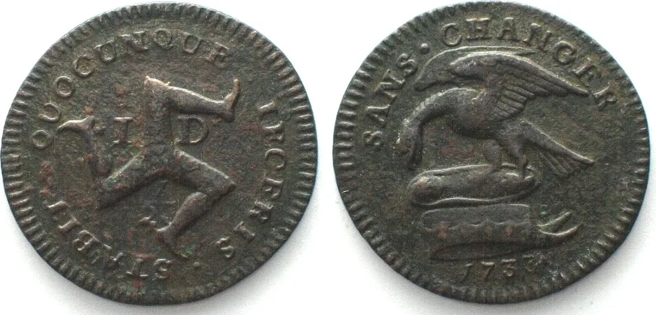1733 ISLE of MAN. 1/2 Penny 1733, James Stanley EARL OF DERBY, copper SCARCE! XF! EF