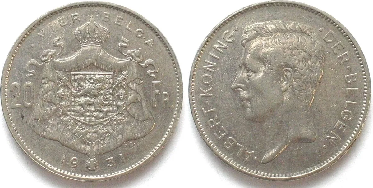 1931 BELGIUM 20 Frank (VIER BELGA) 1931 Pos. A, ALBERT I nickel AU