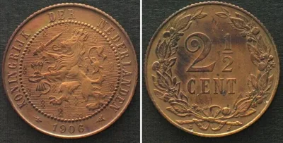 1906 NETHERLANDS. 2-1/2 Cents 1906, WILHELMINA, bronze AU!