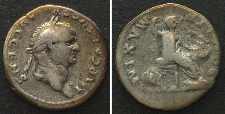 74 VESPASIAN (69-79 AD). AR Denarius, 74 AD, emperor seated, VF