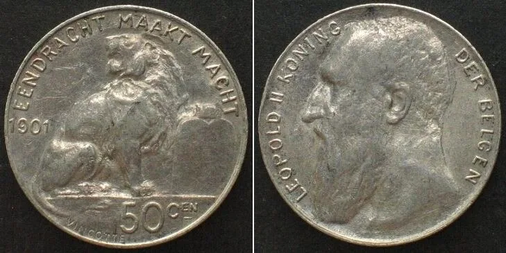 1901 BELGIUM 50 Centimes 1901 - DER BELGEN - LEOPOLD II silver AU!