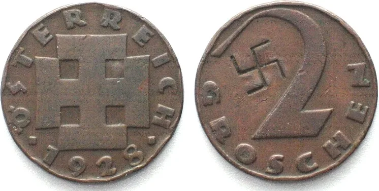 1928 AUSTRIA. 2 Groschen 1928, bronze, countermarked SWASTIKA, NS propaganda VF+