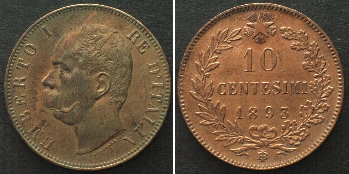 1893 ITALY. 10 Centesimi 1893 B/I, UMBERTO I copper UNC-!!!