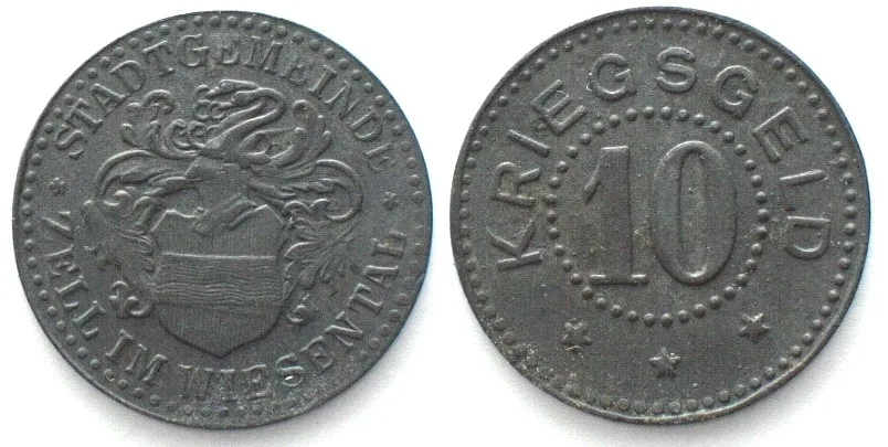 1917-1921 Germany ZELL IM WIESENTAL (Baden) 10 Pfennig ND , NOTGELD , zinc UNC-