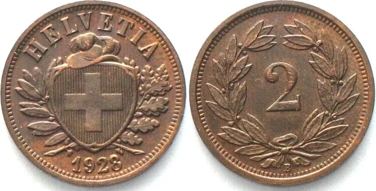 1928 SWITZERLAND 2 Rappen 1928 Bronze UNC! SCARCE YEAR! UNC