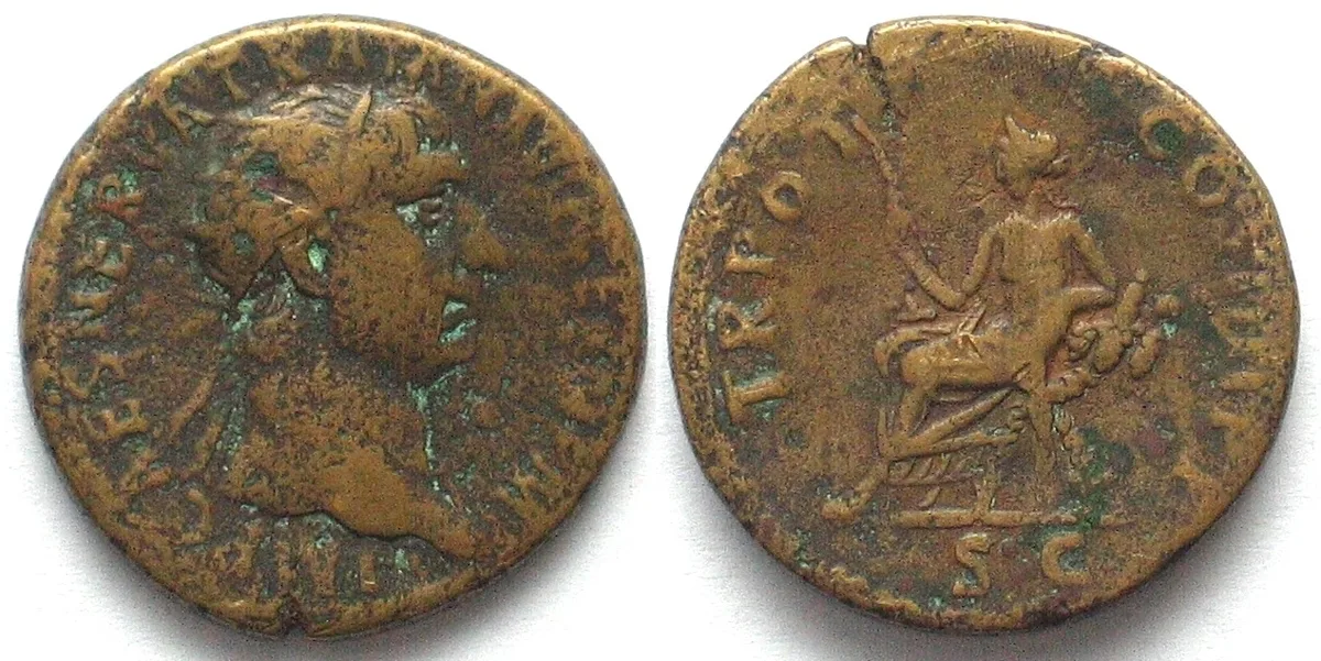 100 TRAJAN (98-117 AD). AE Dupondius, 100, Rome mint, Abundantia seated, VF