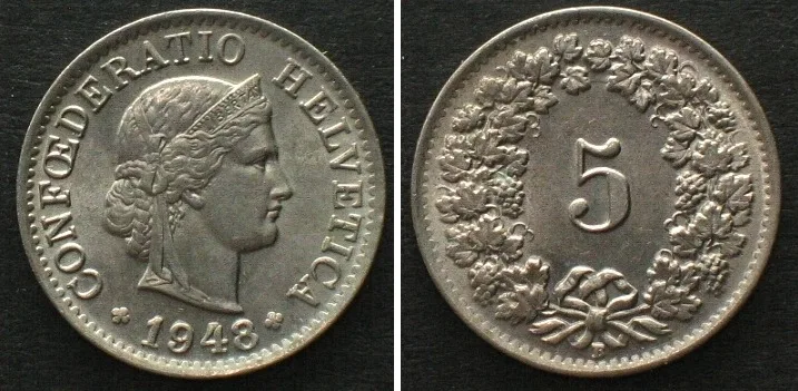 1948 SWITZERLAND 5 Rappen 1948 Cu-Ni UNC!