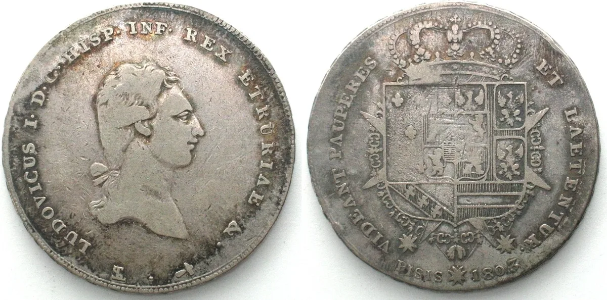 1803 Italian States TUSCANY. Francescone 1803, LOUIS I, silver VF